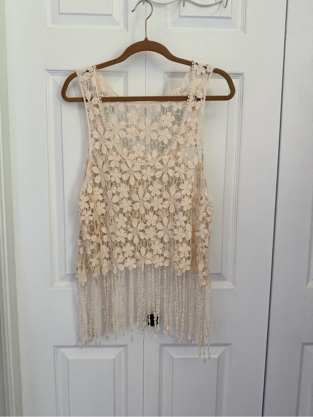 Boho Floral Crochet Fringe Crop Top 100% Cotton Cream Tank Festival